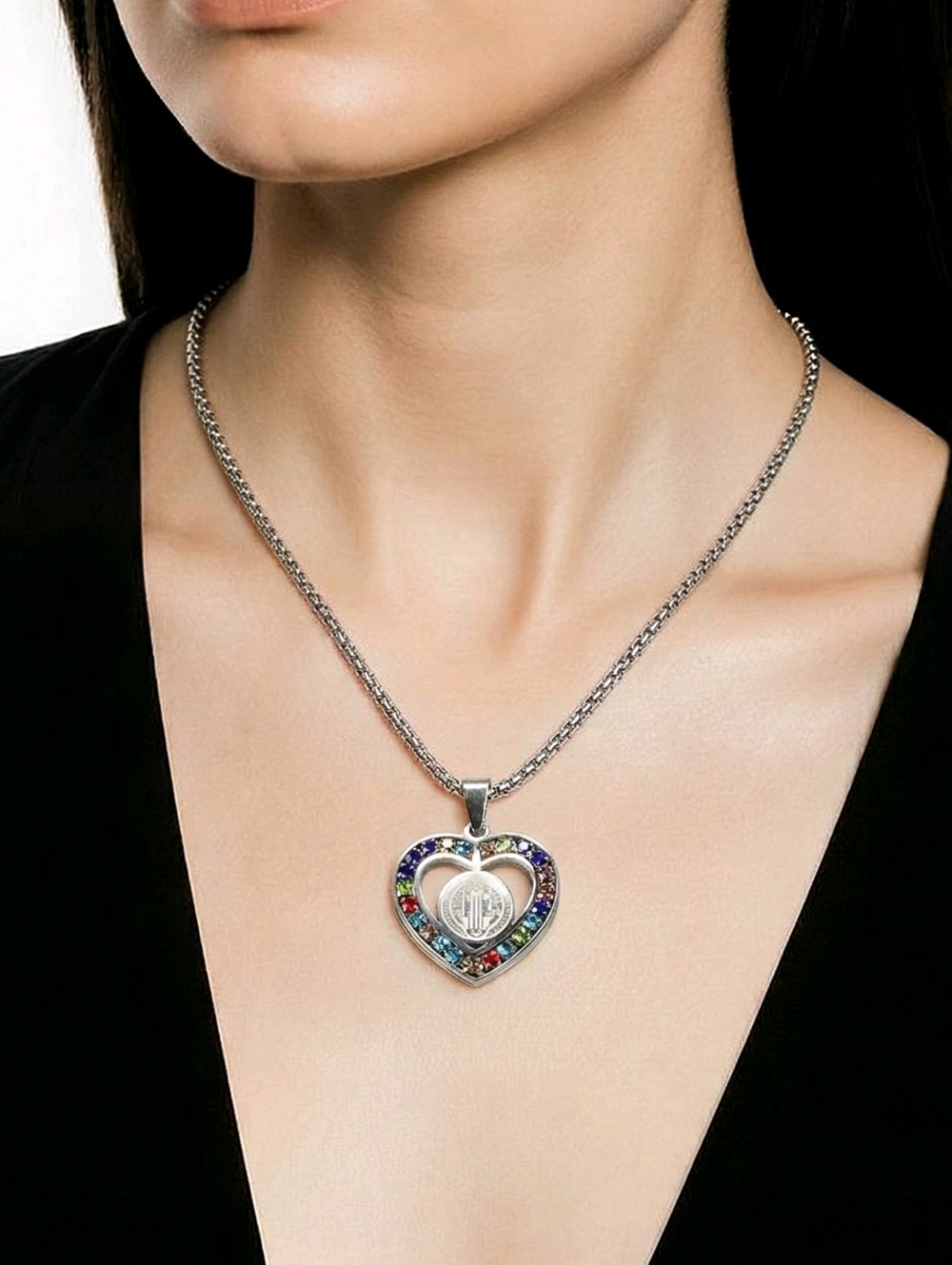 St Benedict Heart Necklace Silver Stainless Steel Multicolor Rhinestone Catholic